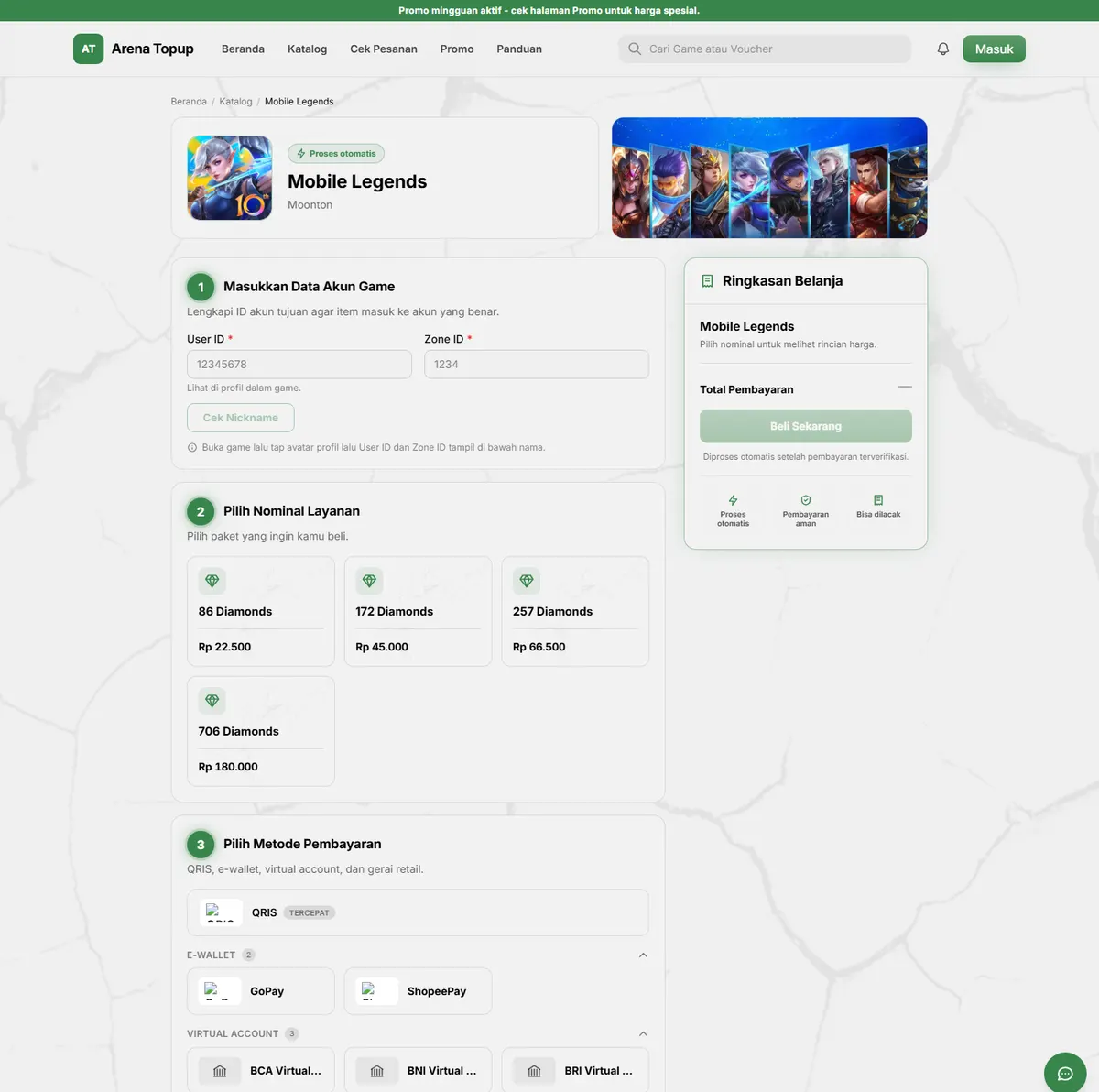 Halaman checkout satu halaman dengan form data pemain, pilihan nominal, dan metode pembayaran