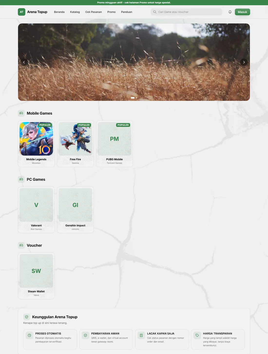 Beranda sebuah toko demo: banner, kategori, dan kartu game tersusun rapi